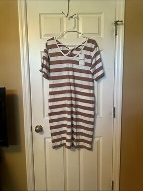 Pact Brown and Cream Striped Short Sleeve Tee Dress